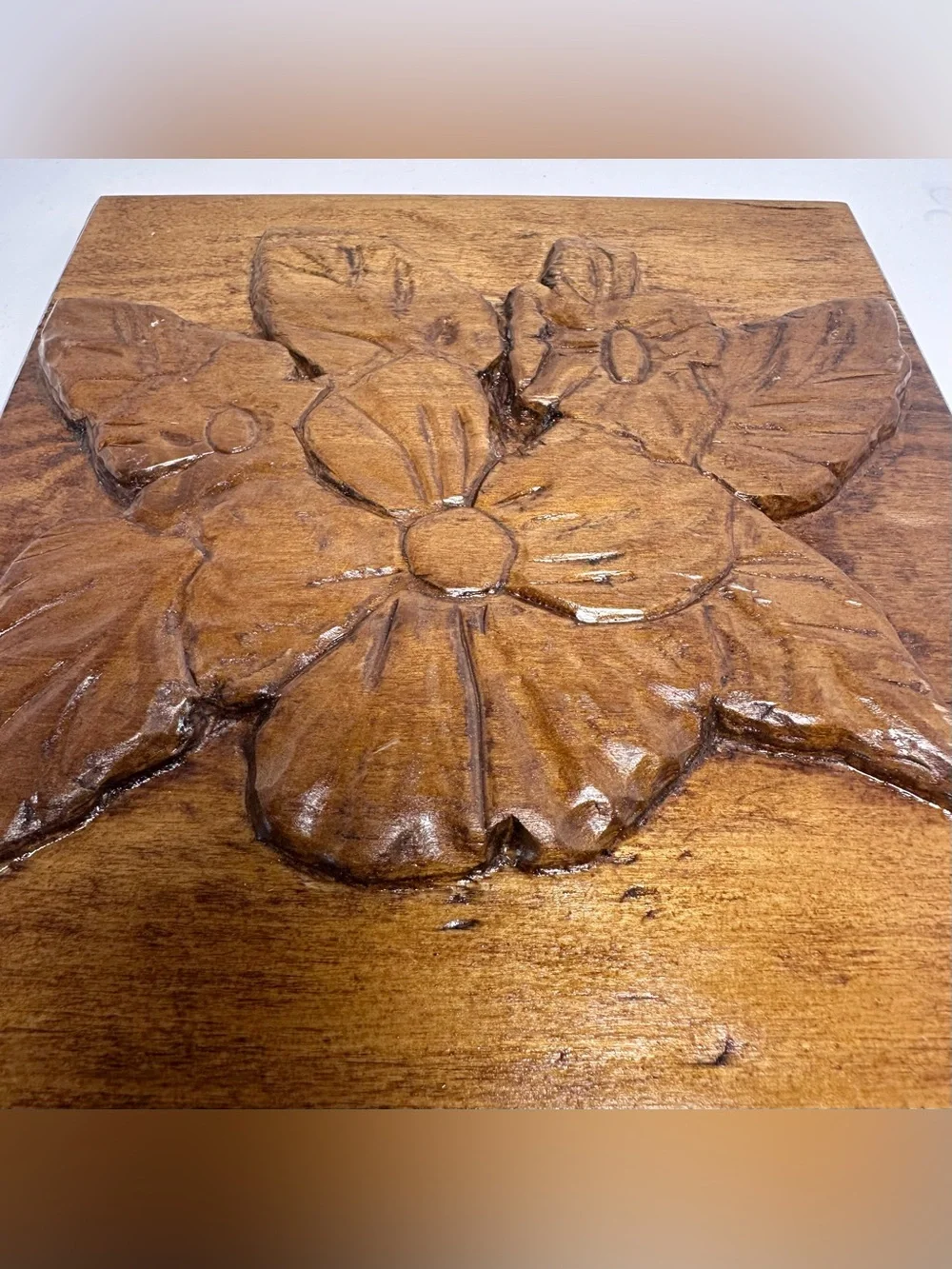 VTG 70s RARE Artisan Signed Folk Art Wood Carving Flower Plaque Upstate NY